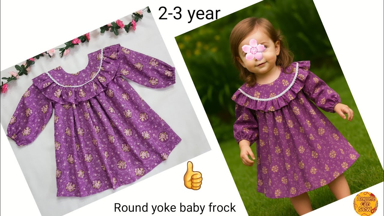 Round yoke with full sleeves baby frock cutting and stitching | 2-3 year baby girl frock tutorial