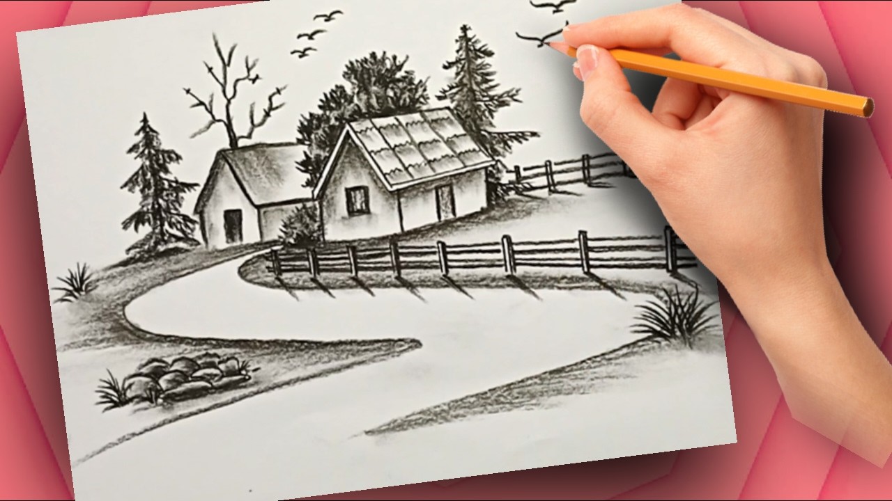 Рисунок красивой деревенской местности карандашом | Легко для начинающих