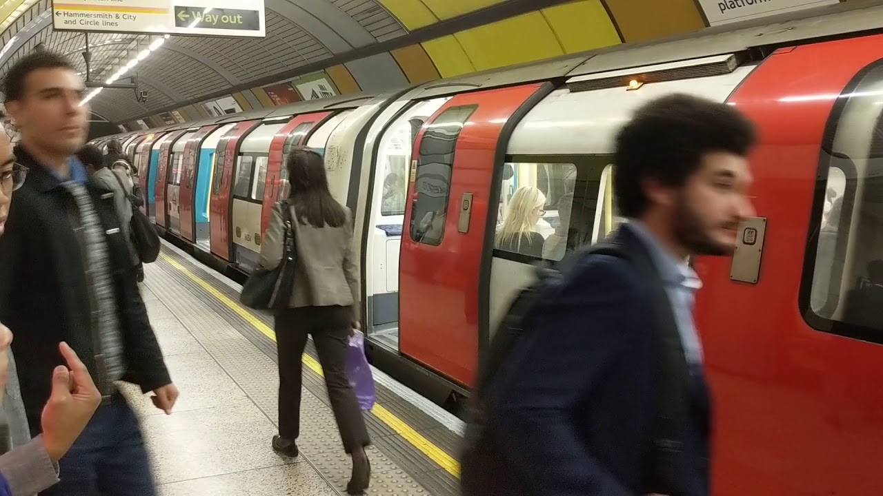 Baker Street Station, 7 London Underground tube trains, Jubilee Line, going north.