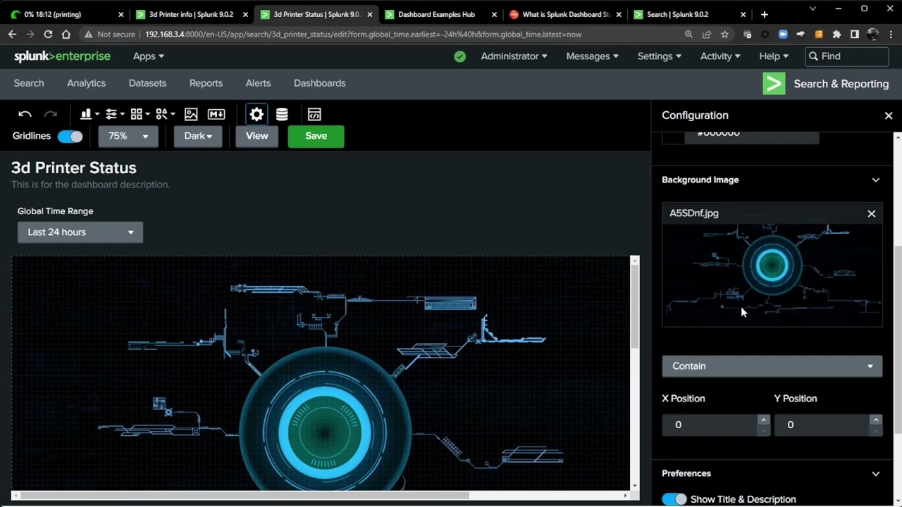 Using the Splunk Dashboard Studio builder to create a dashboard for my 3d Printer metrics