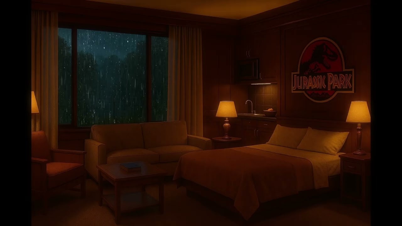 Jurassic Park Rain & Thunder Ambience 🦖 | Cozy Hotel Room + Dinosaur Sounds Sounds 1993 [1 Hour]