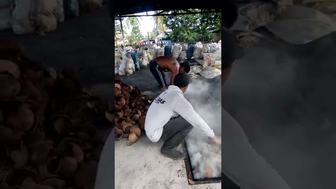proses penambahan tempurung kelapa di bak pembakaran arang batok kelapa