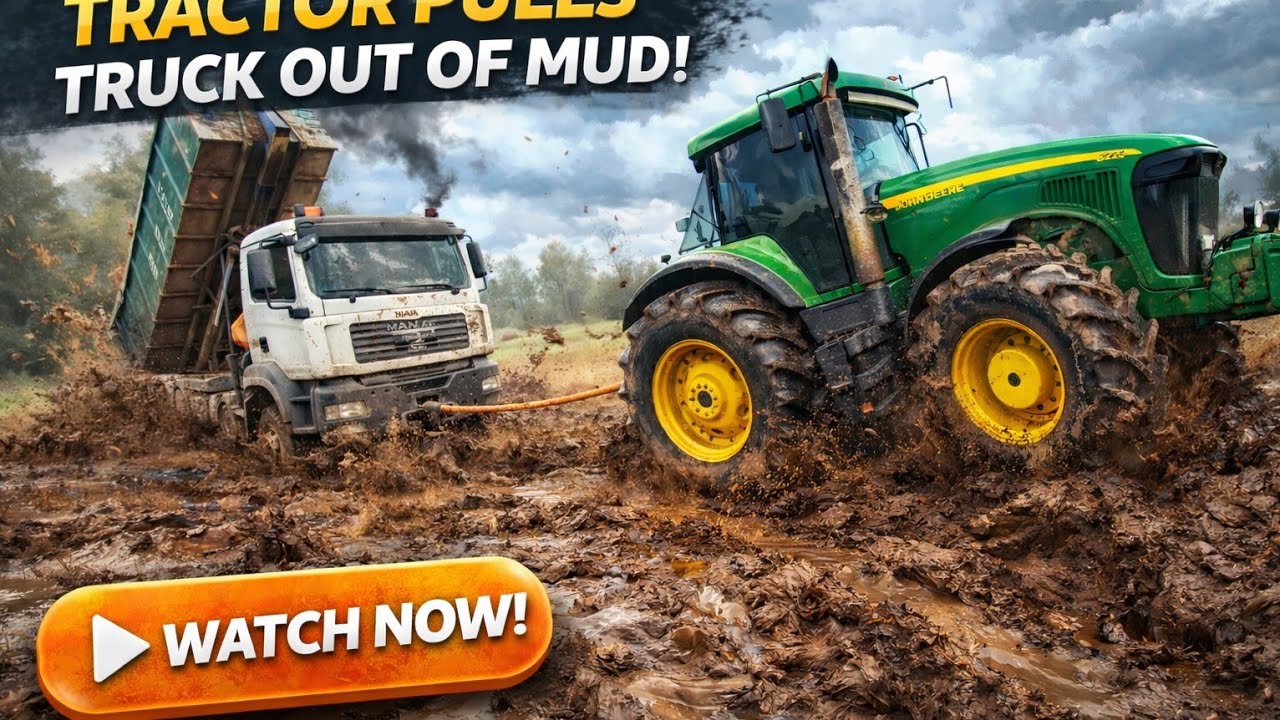 Powerful tractor pulls out stuck truck off-road adventures 