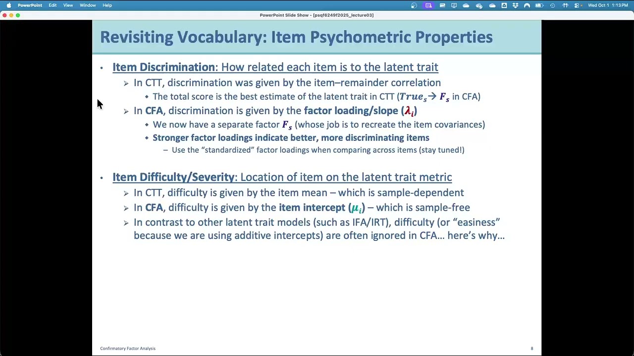 Confirmatory Factor Analysis, Part 1 (University of Iowa PSQF 6249; Fall 2025: Lecture 03)
