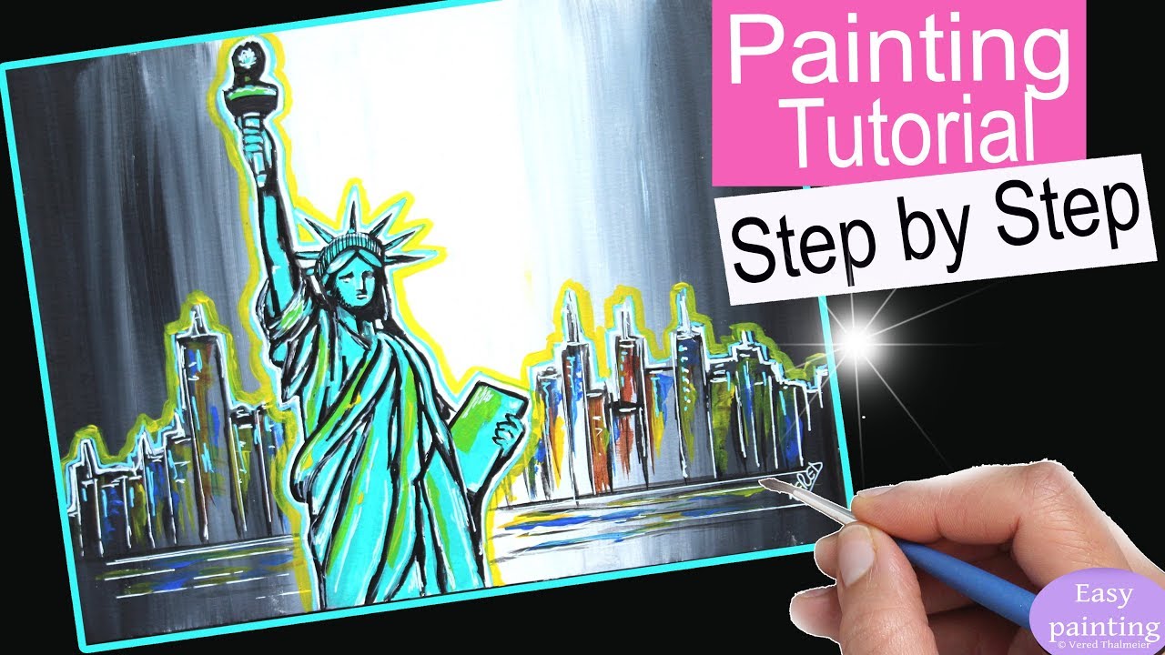How to paint New York SKYLINE. Statue of Liberty Painting Tutorial Step by Step for beginners NY