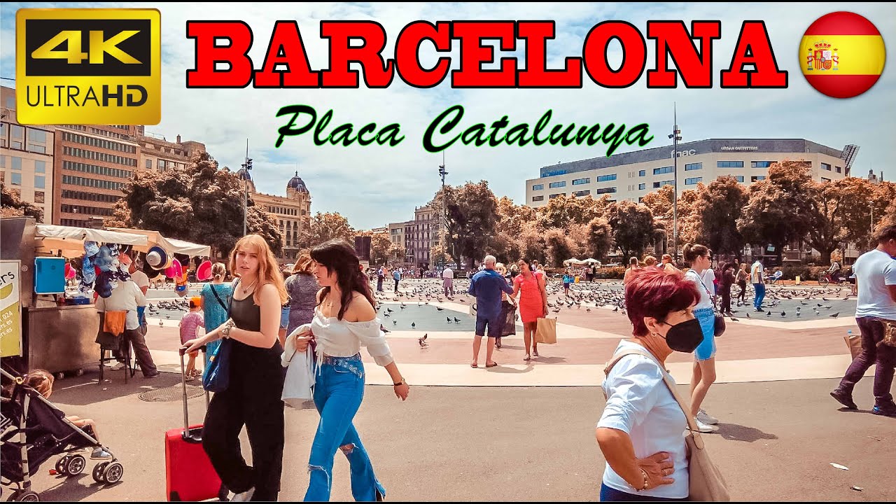 Barcelona, Spain, Placa de Catalunya - 4k UHD 60fps - Walking Tour - with Historical Subtitles