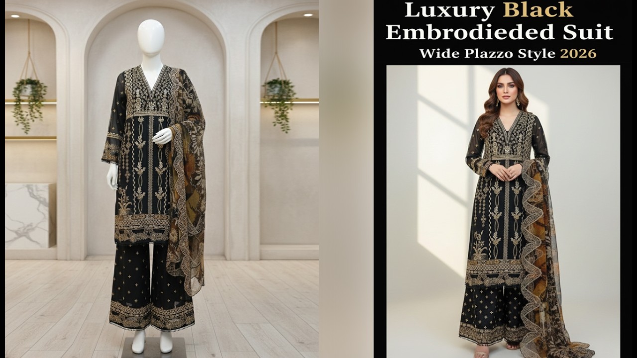 Luxury Black Embroidered Suit with Wide Plazzo Trouser | Elegant Pakistani Party Wear Dress 2026