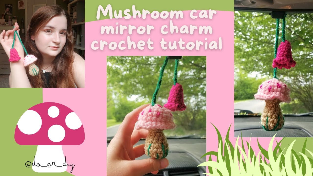Mushroom charm crochet tutorial, easy crochet pattern, cute crochet toadstool car mirror charm