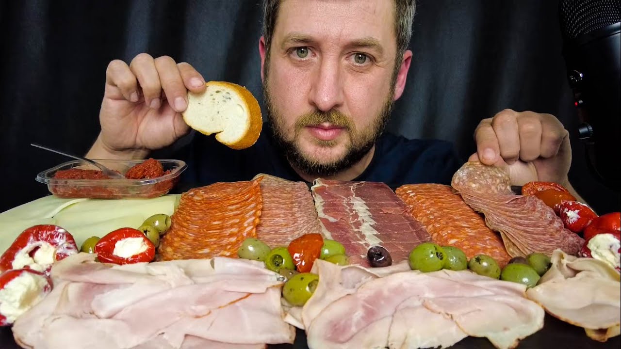 ASMR MUKBANG Eating MEAT PLATTER Salami Jambon Ham Prosciutto Pepperoni Pancetta Chicken Roll Bread
