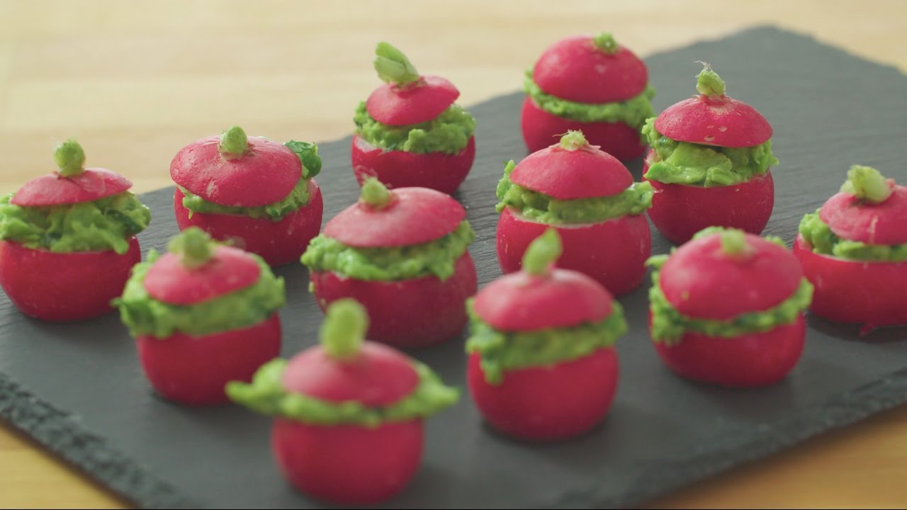 Xanthe Clay's radish canapes filled with pea guacamole