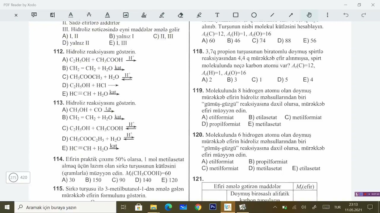 Kimya DİM test toplusu 2019 Mürəkkəb efirlər, yağlar, 101 - 125