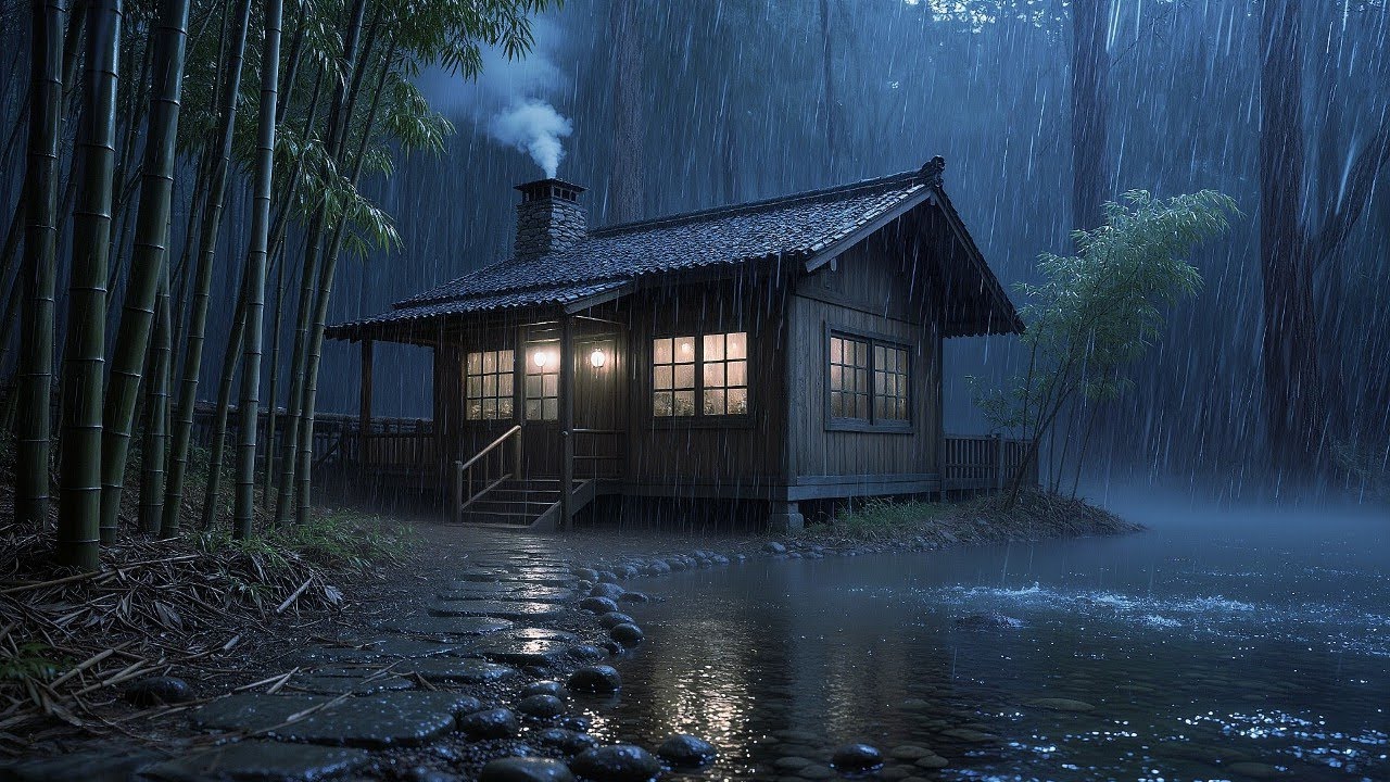 Night Rain in a Cabin in the Middle of Pine Forest | Deep Sleep