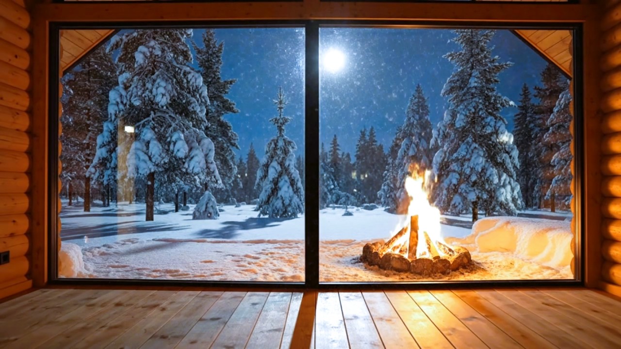Bungalow in the Snow ❄️ Campfire Under the Moonlight | Cozy Winter Night Ambience for Sleep