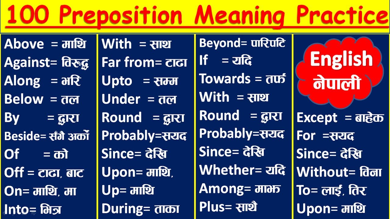 👉100 Preposition (नामयोगी) Meaning शब्द र अर्थ  | Nepali to English Use of Preposition Learn English