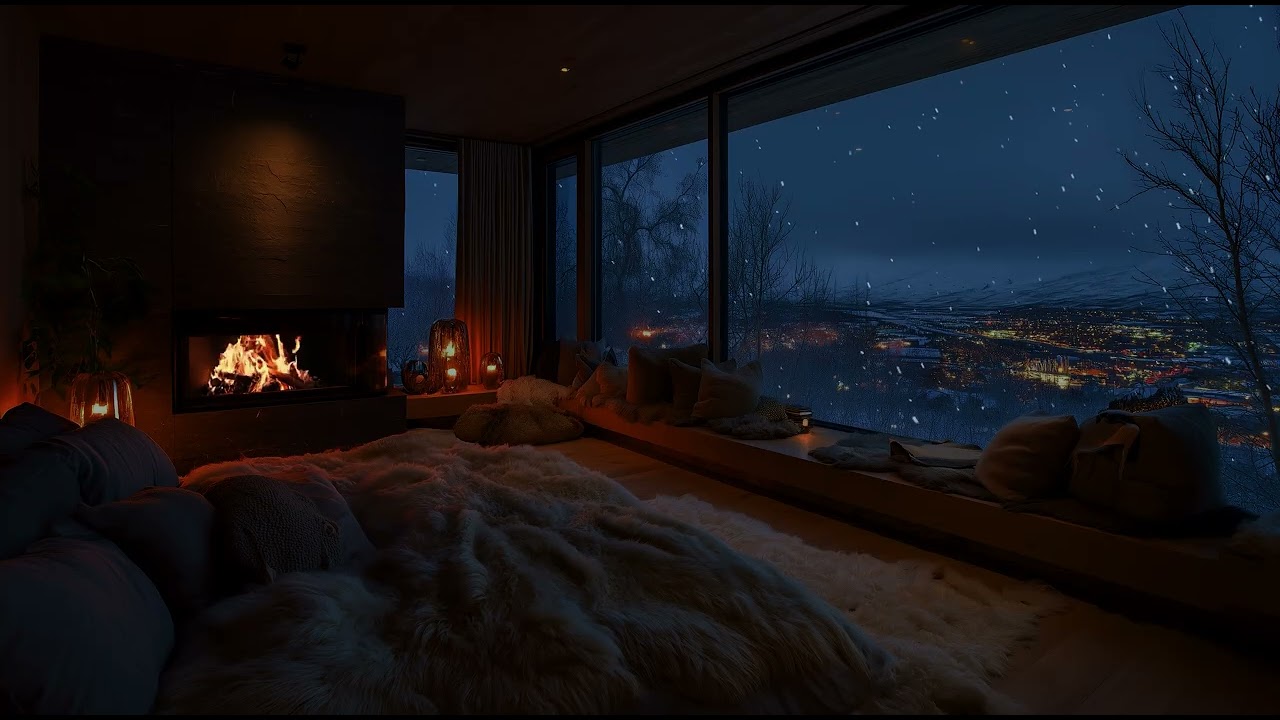 🔥Winter Cabin Fireplace | Gentle Fire Crackling and Snowfall ❄️ Sounds for Deep Sleep & Relaxation