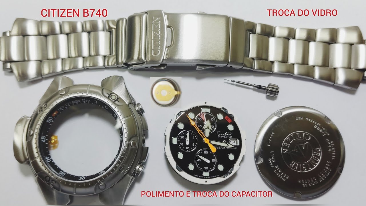 ANTES E DEPOIS!! RELÓGIO CITIZEN PROMASTER ECO DRIVE B740 - SOLAR - POLIMENTO E TROCO DO CAPACITOR!!