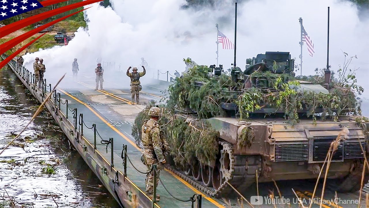 Polish M1A2 Abrams Tanks Across River on US Pontoon Bridge