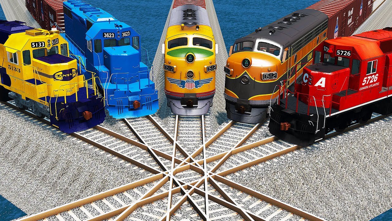 Five Trains vs Crazy Crossing Tracks vs Deepwater - BeamNG.Drive