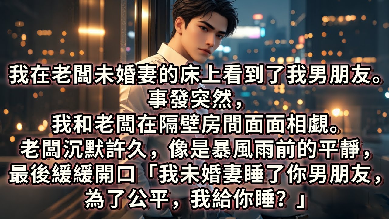我在老闆未婚妻的床上看到了我男朋友。事發突然，我和老闆在隔壁房間面面相覷。老闆沉默許久，像是暴風雨前的平靜，最後緩緩開口，「我未婚妻睡了你男朋友，為了公平，我給你睡？」我？