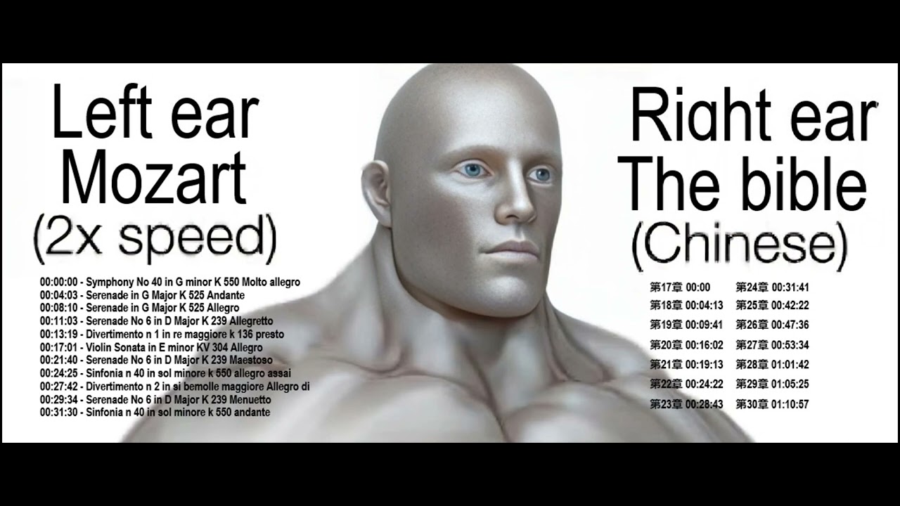 Left ear Mozart (2x speed) Right ear The Bible (Chinese) / (1h+ version) / With timestamps