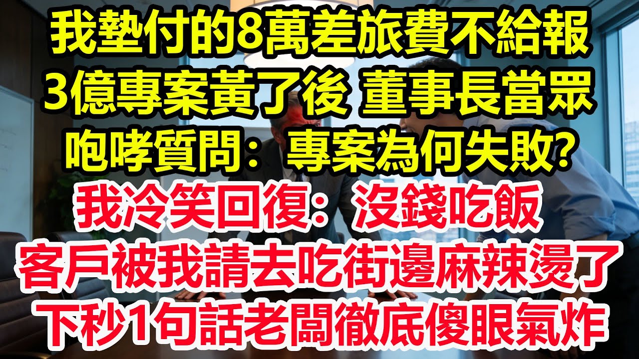 我墊付的8萬差旅費不給報，3億專案黃了後，董事長當眾咆哮質問：專案為何失敗？我冷笑回復：沒錢吃飯，客戶被我請去吃街邊麻辣燙了！下秒1句話老闆徹底傻眼氣炸！#情感 #爽文 #職場 #生活 #總裁