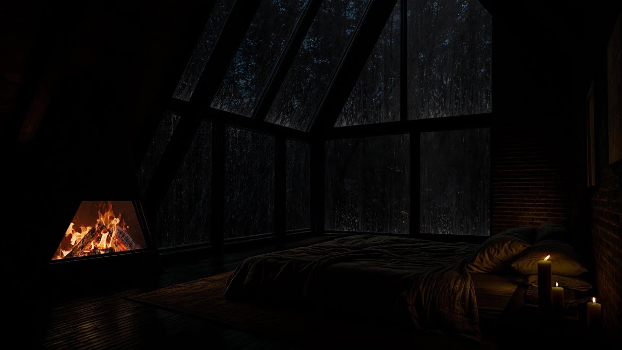 Fireplace Crackling With Rainfall 🌧️ Cozy Cabin Ambience for Deep Sleep | Relaxing Ambience Tonight