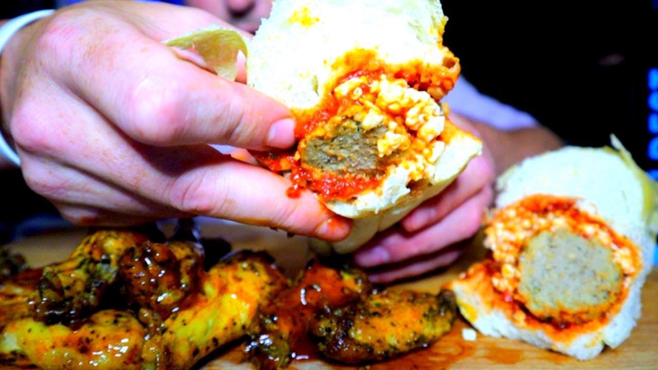 MEATBALL SUB AND WINGS ASMR EATING/WHISPERING