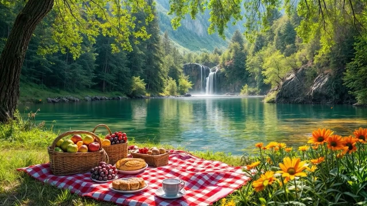 Sunny Lake Picnic by the Waterfall 🌼🌊 | Relaxing Nature Escape | Happy Summer Calm Ambience