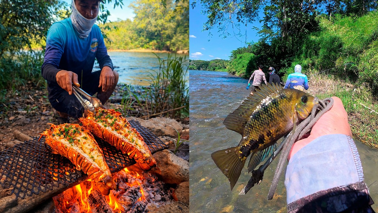 Día salvaje de pesca con anzuelo, camarones gigantes y langostas cocinadas en plena naturaleza