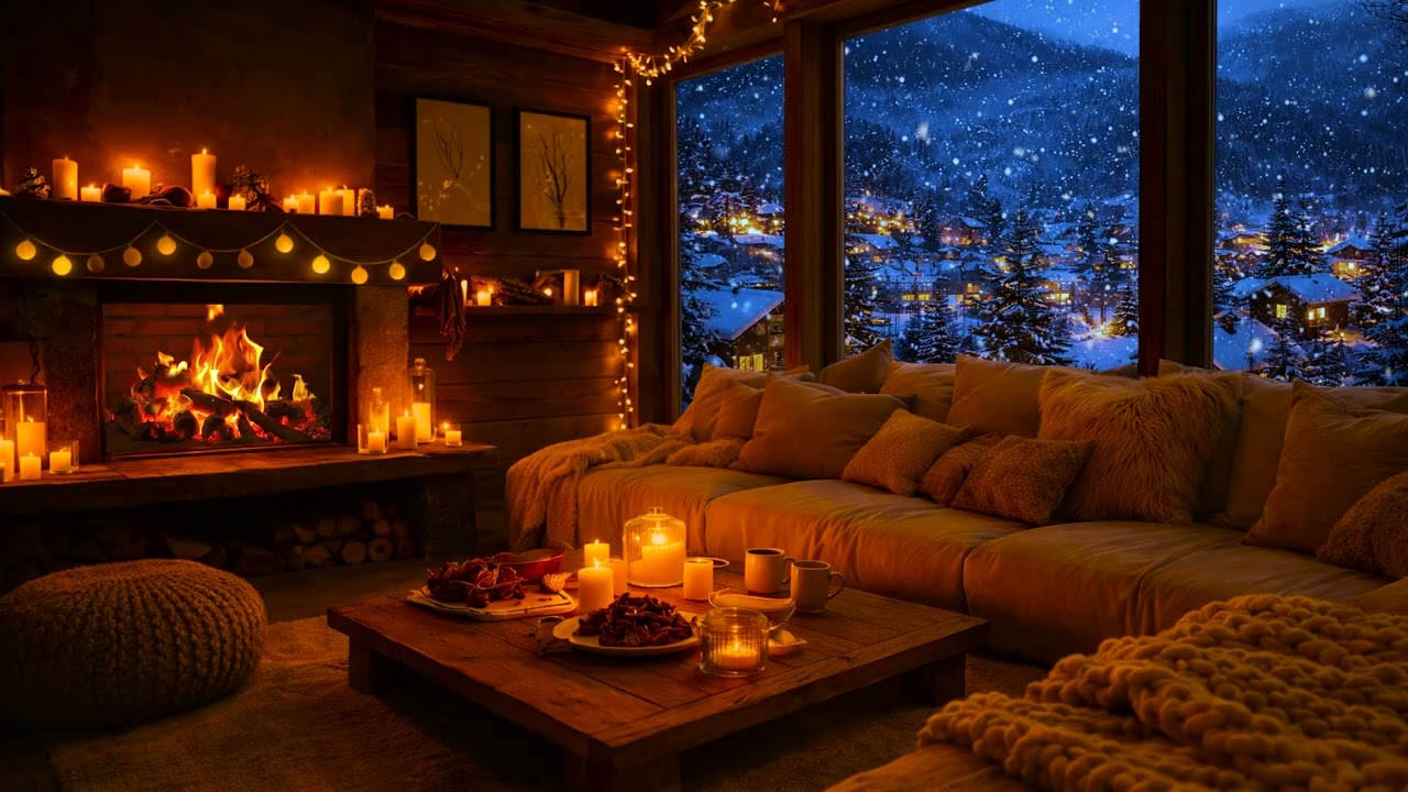 Cozy Living Room Ambience 🏡 Village View & Fireplace | Relaxing Jazz Music for Study