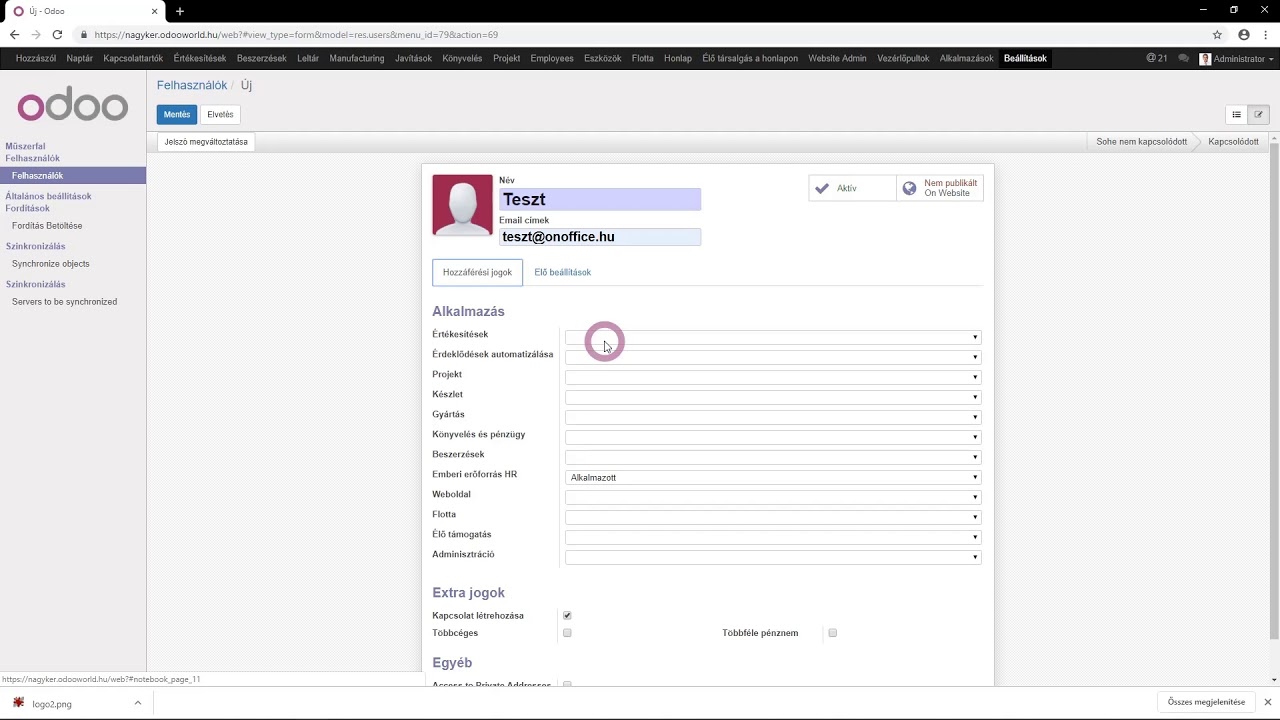 Odoo 9.0 - felhasználó létrehozása