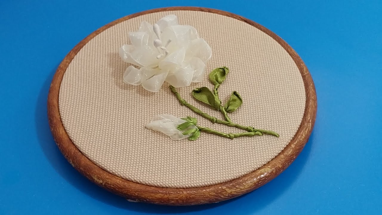 Beautiful white flower ribbon embroidery design #embroidery #handembroidery 