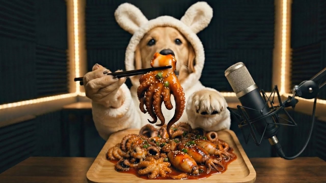 Asmr Mukbang Dog | Baby Octopus and Squid in Fiery Korean Spicy Sauce 🔥🌶🌶