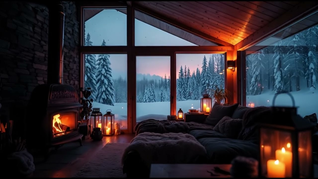Snowy Forest Cabin at Sunset | Fireplace Crackling Ambience (1 Hour)