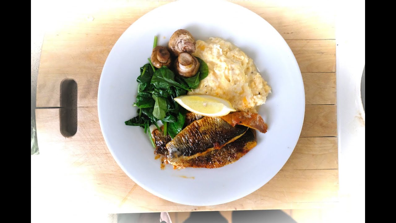 Breakfast: Grilled Smoked Paprika Kippers with Scrambled eggs, Wilted Spinach & Mushrooms
