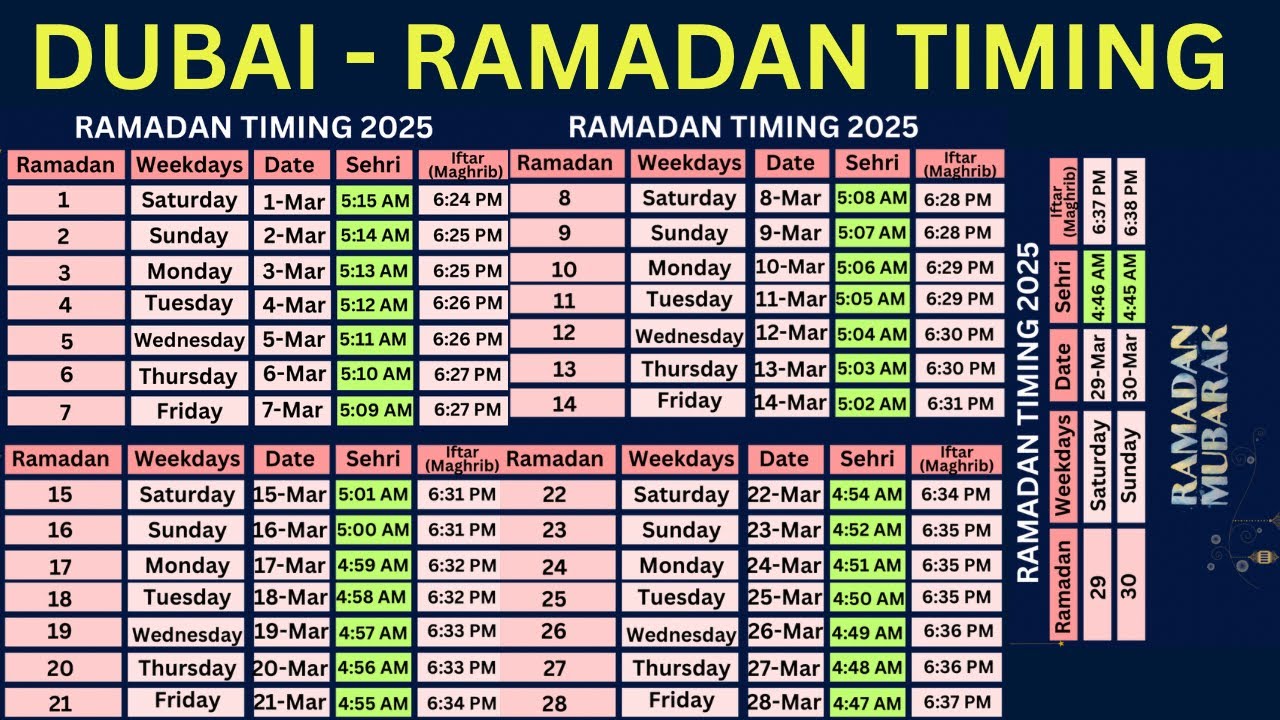 DUBAI RAMADAN CALENDAR 2025 | SEHRI & IFTAR TIMINGS | RAMADAN TIME TABLE