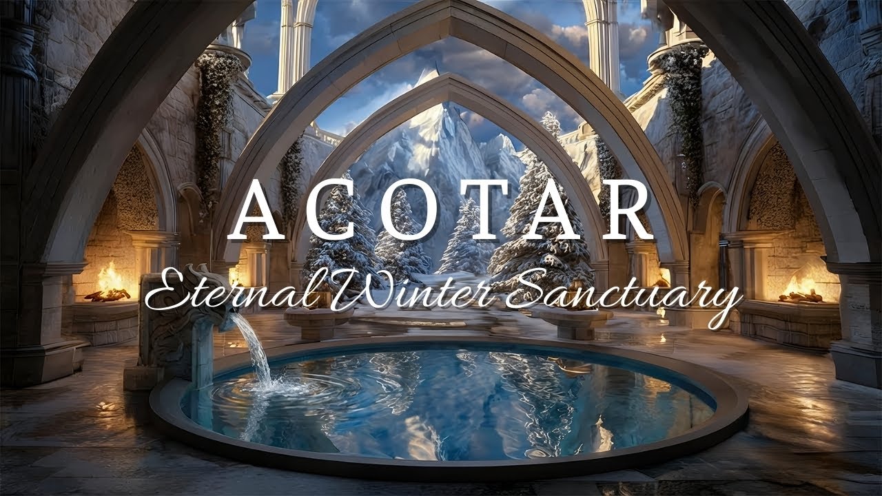 Eternal Winter Sanctuary | ACOTAR Ambience with Flowing Water & Fireplace Sounds for Relaxation