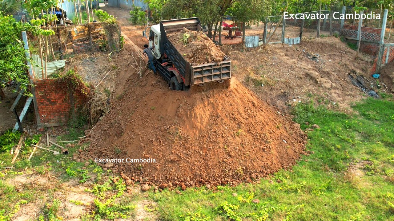 Amazing Activity Dump Truck Unloading Dirt At Deep Slop And Bulldozer Working Moving Dirt To Slop