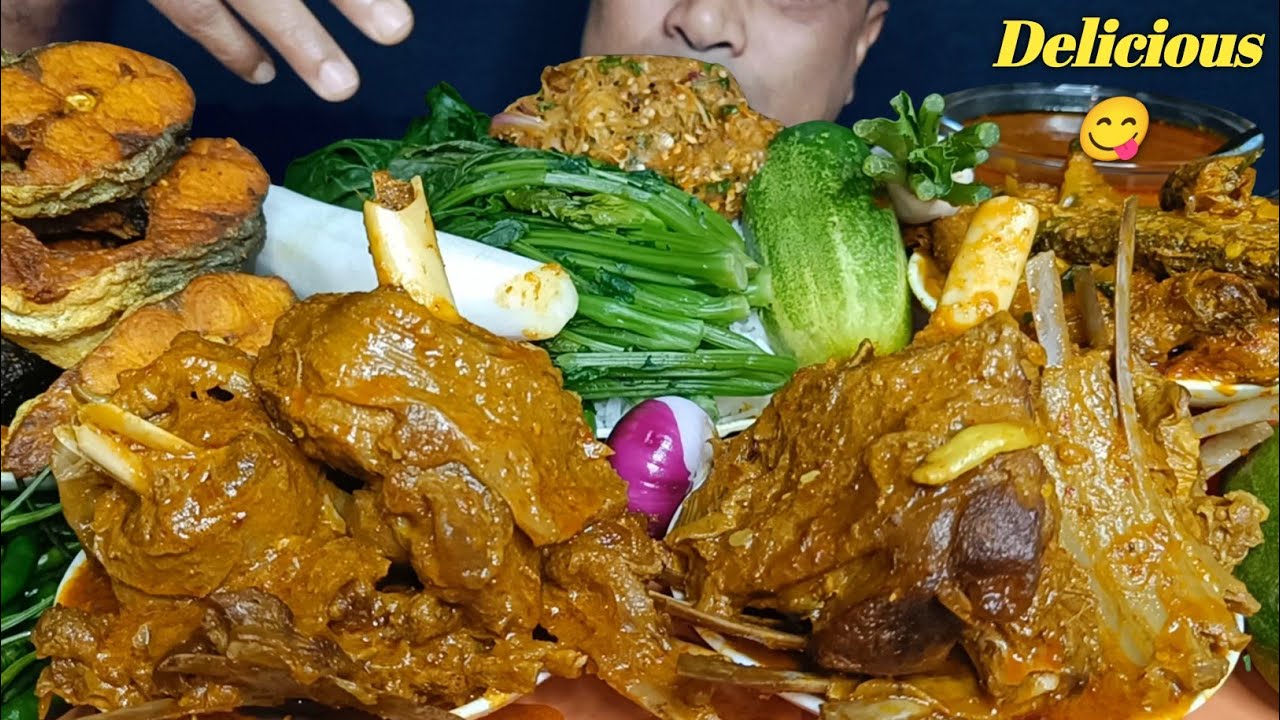Eating Delicious Spicy Mutton Curry |Whole Fish Fry |Spicy Grevy |Salad Basmati Rice ||Eating Show 😋