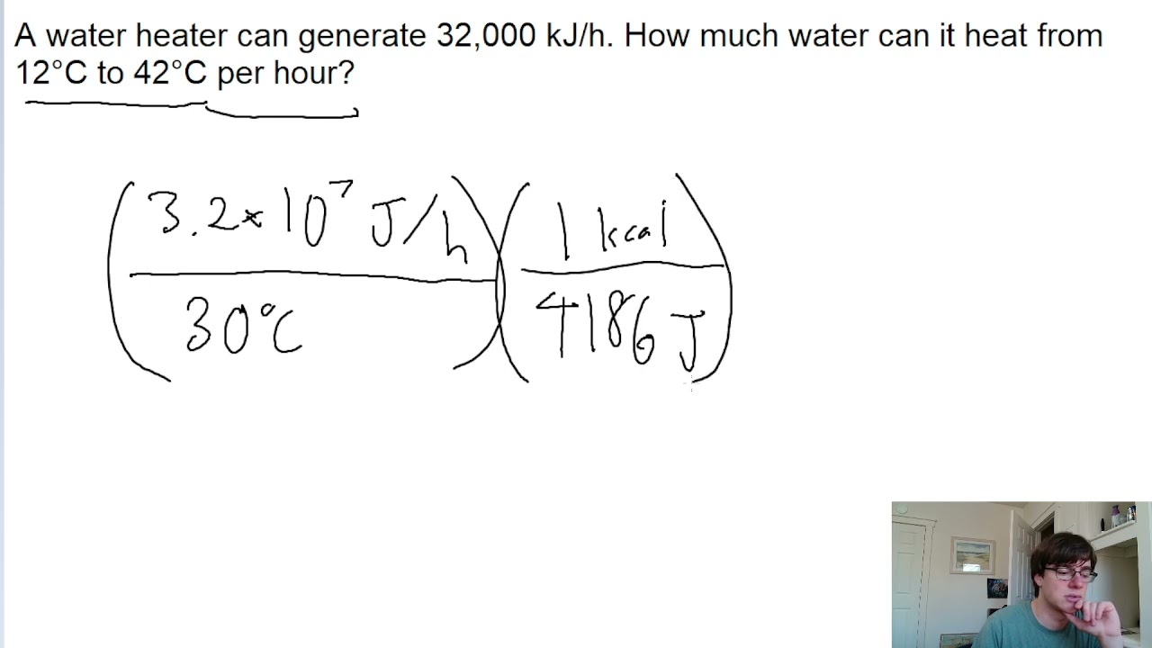 A water heater can generate 32,000 kJ/h. How much water can it heat from 12°C to 42°C per hour?