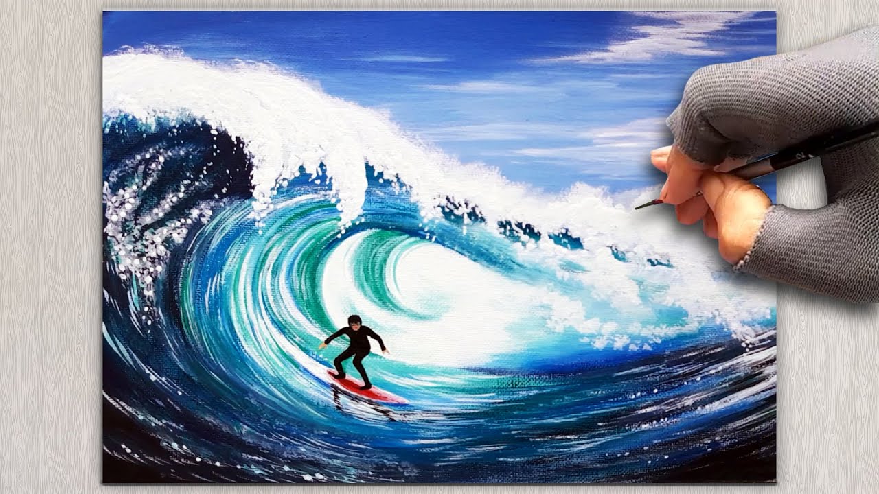 Big Wave Surfing | Acrylic Painting for Beginners | Canvas Painting | How to Paint using Acrylic