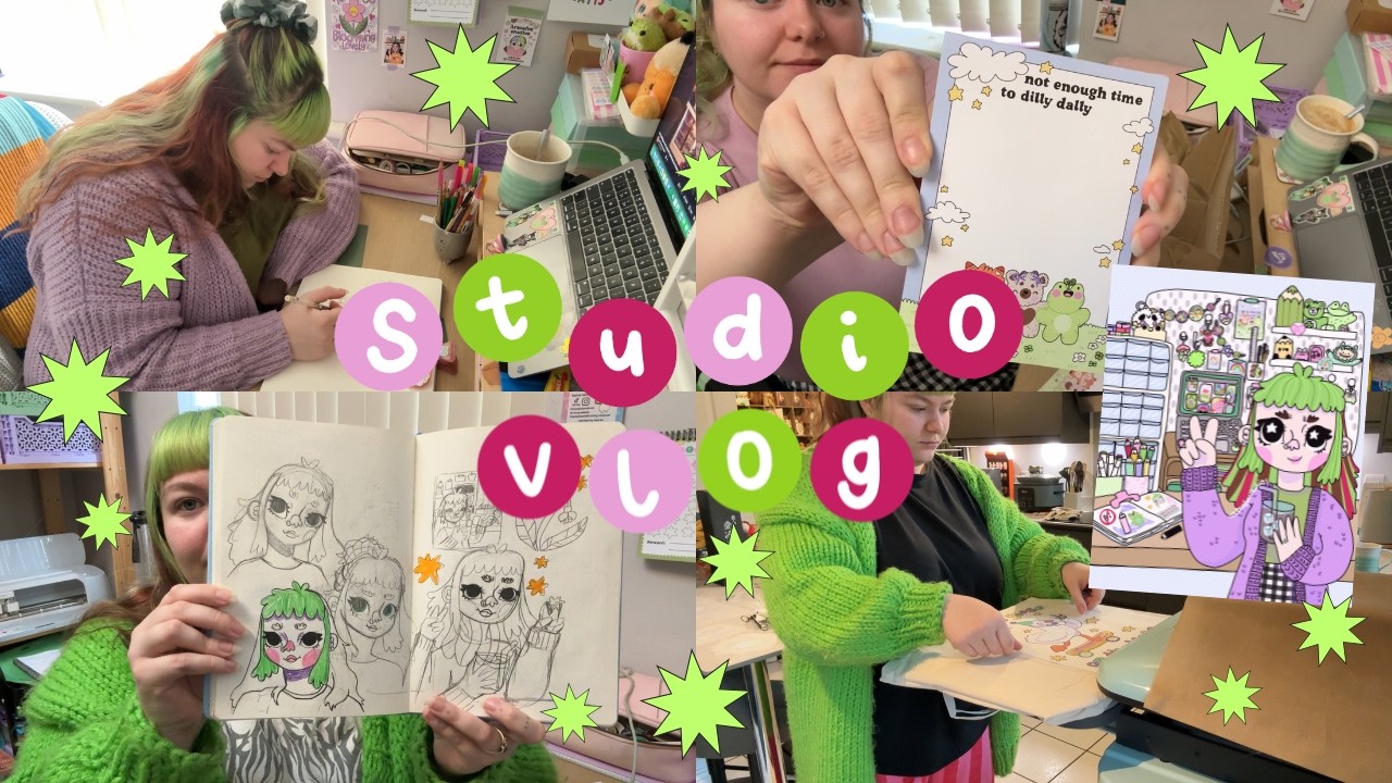 Studio vlog 🐸 preparing for my first market of the year |drawing stickers notebooks and tote bags 🌱