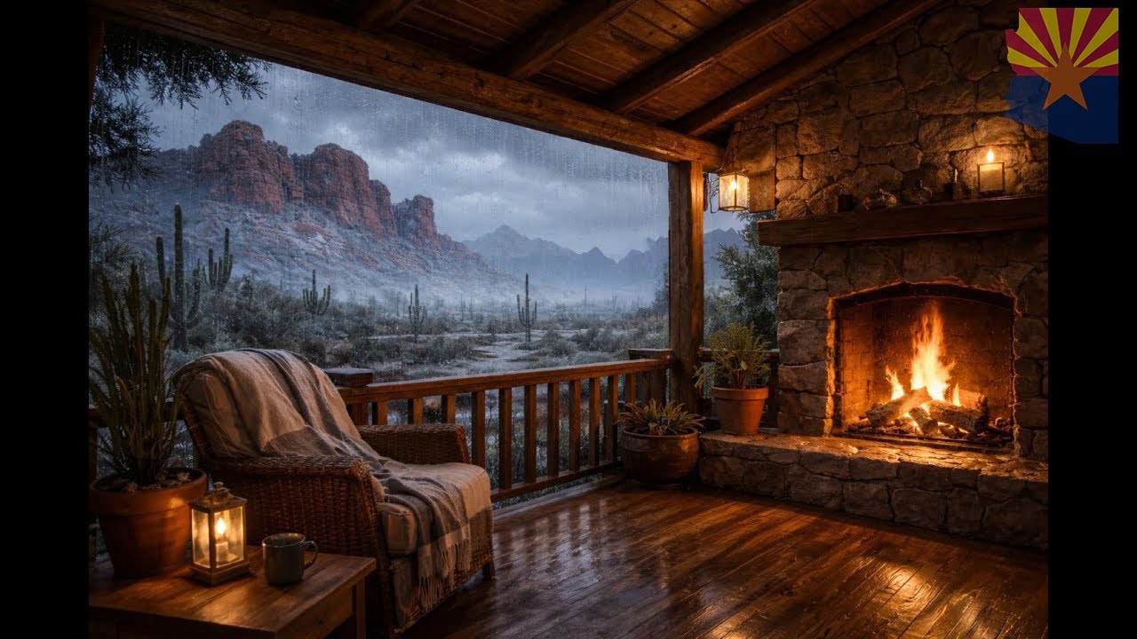 BLACK SCREEN FOR SLEEP (10 Hours) Cozy Arizona Desert Rain on Back Porch with Crackling Fireplace