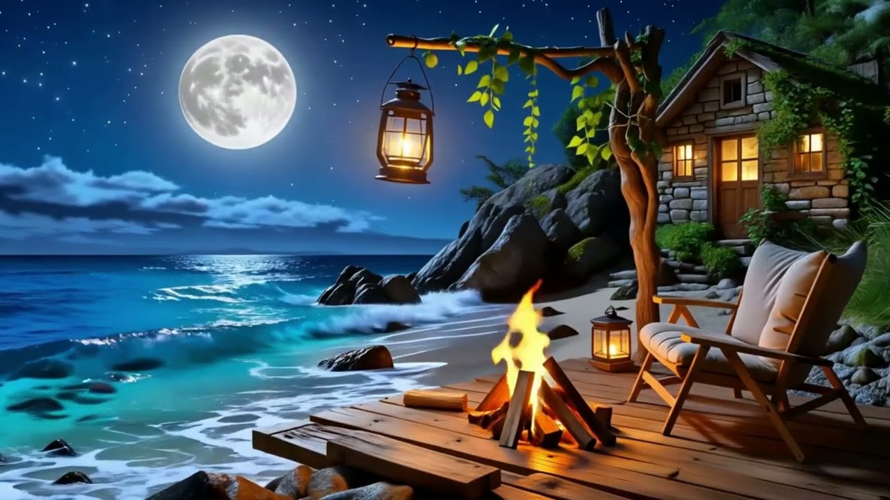 Full Moon Beach Night 🌊 Relaxing Music, Ocean Waves & Campfire Ambience