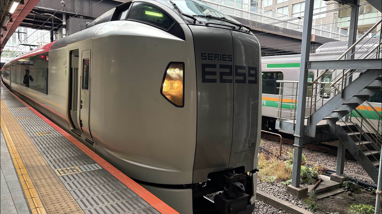 E259系成田エクスプレス33号成田空港行きがミュージックホーンを鳴らしながら新宿駅を出発するシーン。