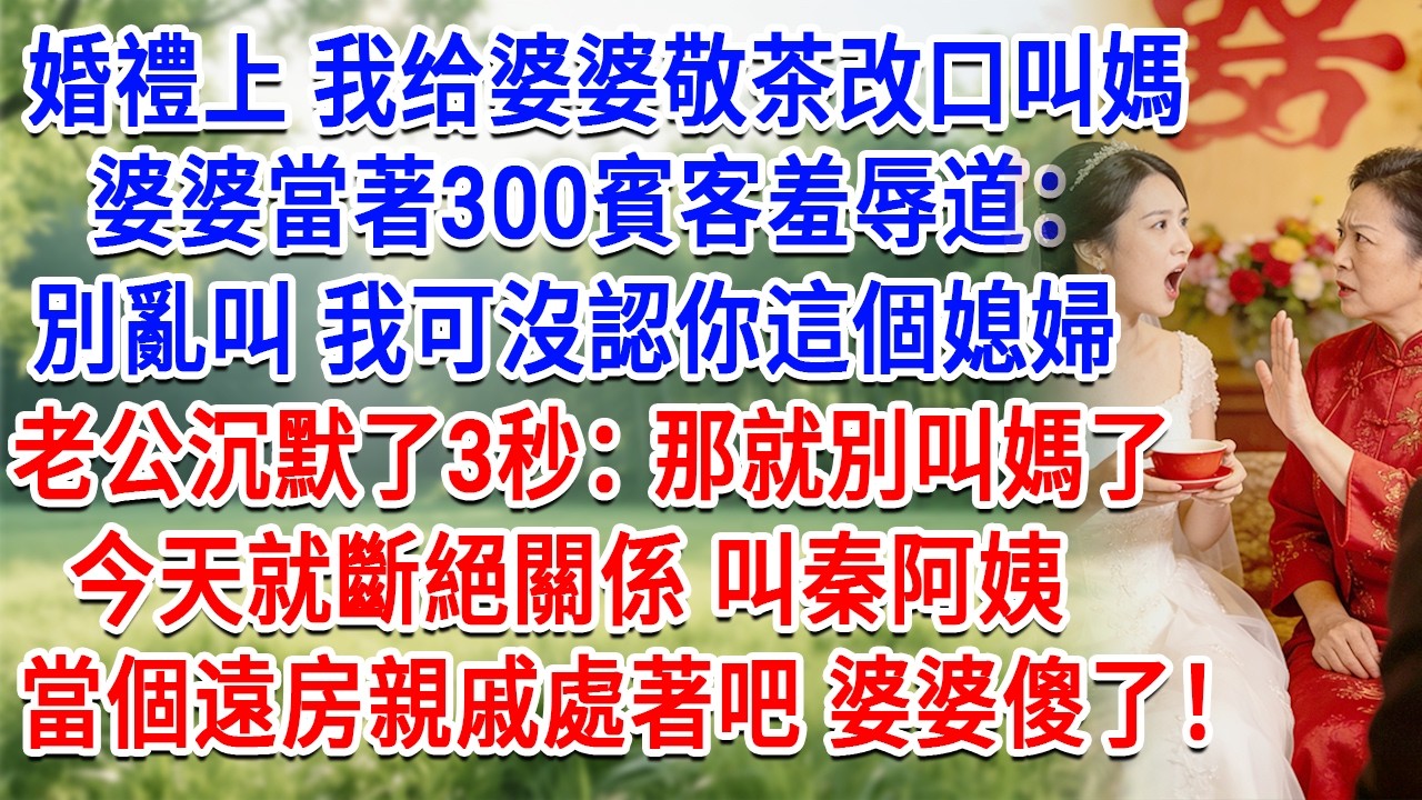婚禮上我给婆婆敬茶改口叫媽，婆婆當著300賓客羞辱道：別亂叫 我可沒認你這個媳婦，老公沉默了3秒：那就別叫媽了，今天就斷絕關係 叫秦阿姨，當個遠房親戚處著吧，婆婆傻了！#故事#小說#戀愛#情感#婚姻
