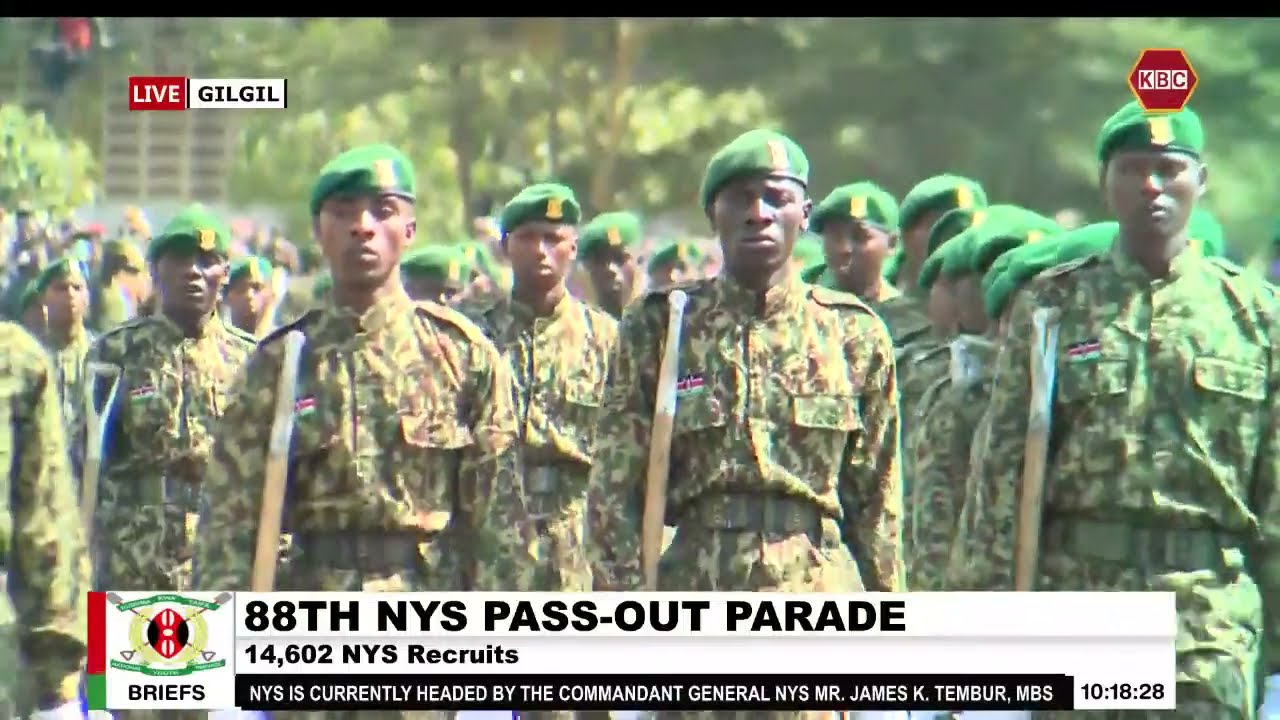 Perfectly synchronised pass-out parade patterns by NYS graduates in Gilgil