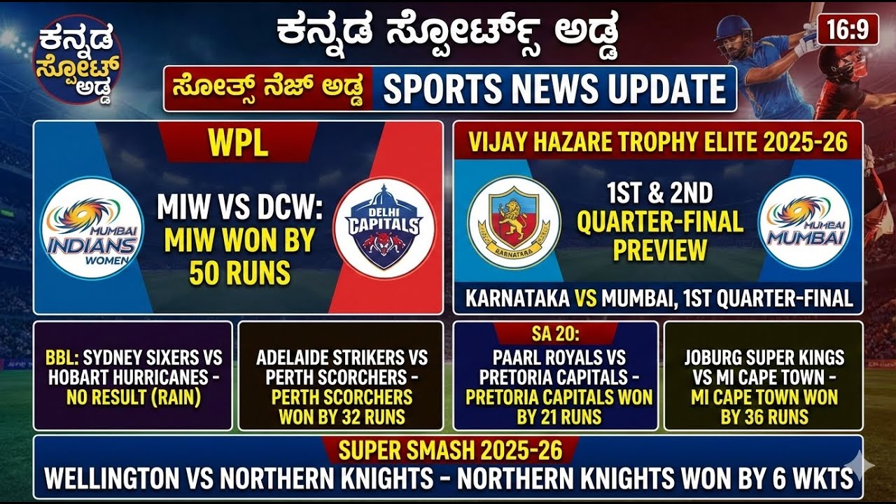 ಇವತ್ತಿನ ಕ್ರಿಕೆಟ್ ಸುದ್ದಿ🏏WPL | Vijay Hazare Trophy - Quarter Finals, BBL, SA 20 & Super Smash 2025-26