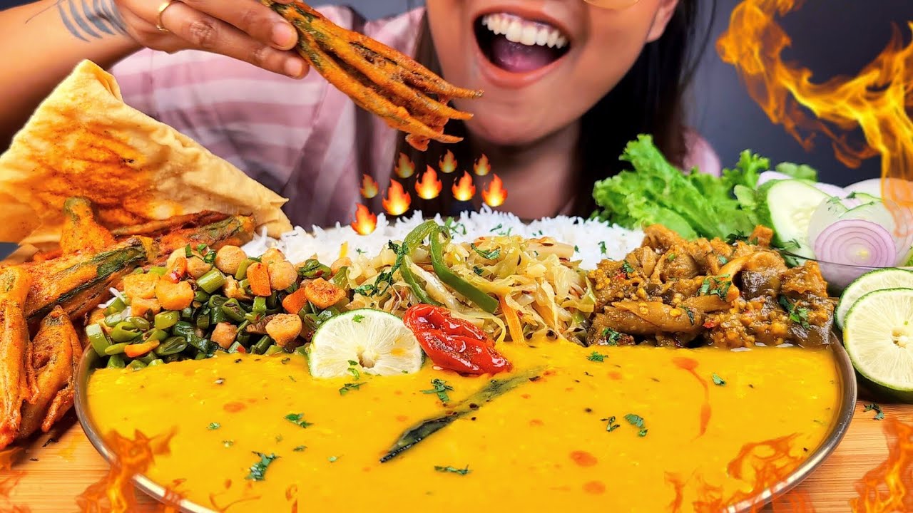 EATING DAL CHAWAL, GREEN BEANS BHAJI, GOBHI BHAJI, MUSHROOM BAINGAN BHAJI, CRISPY BHINDI PAKODA 