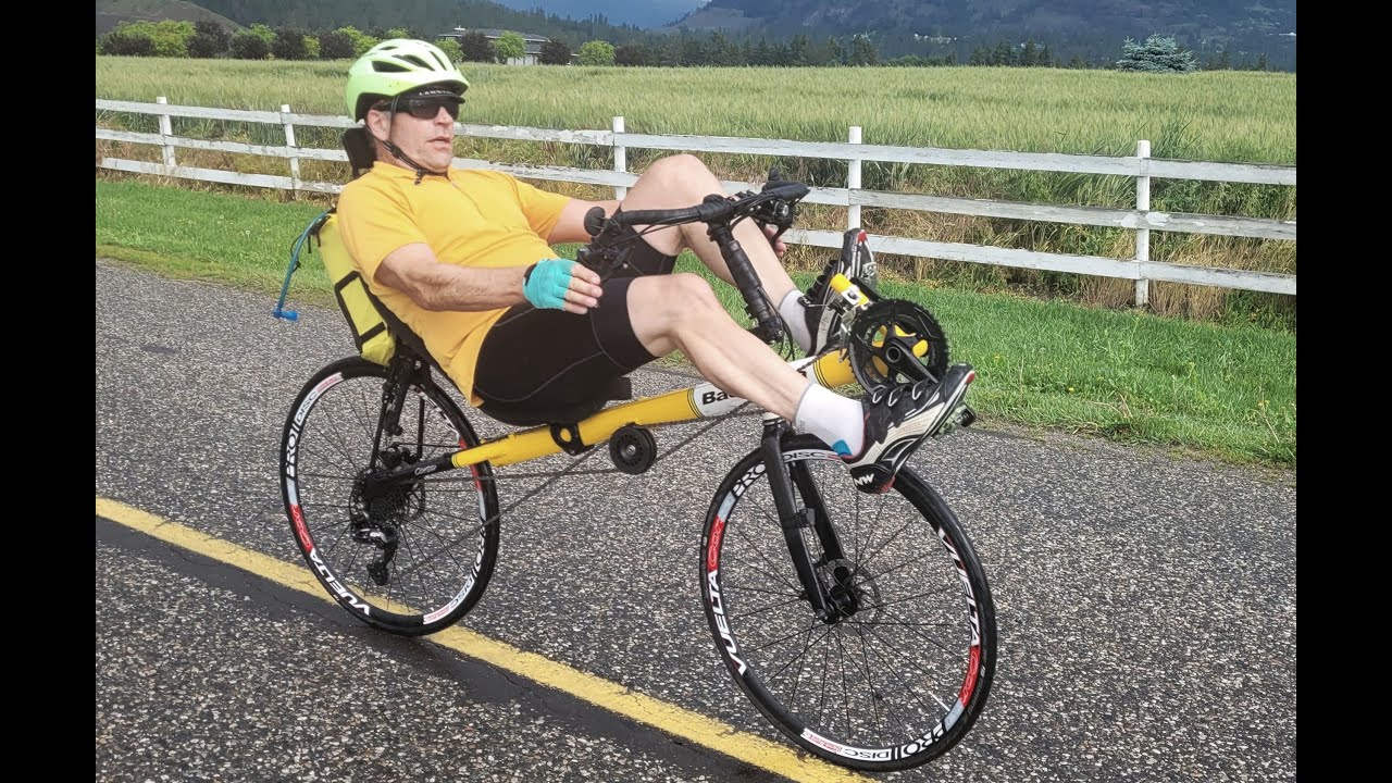 Riding a Bacchetta recumbent bicycle in a club ride of upright cyclists